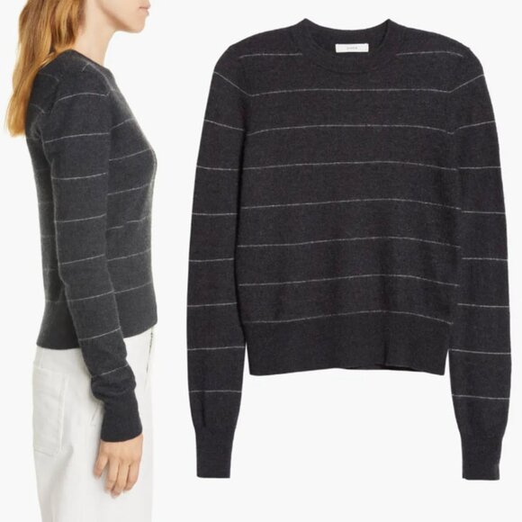 Vince Stripe Fitted 100% Cashmere Crewneck Sweater Charcoal Gray Size XL $345 - Picture 2 of 14